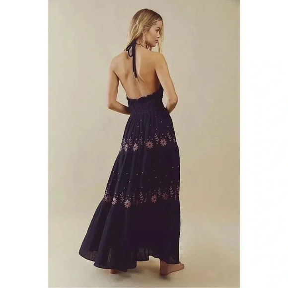 New Free People Real Love Embroidered Dress Maxi Summer Black Pink - Picture 14 of 17